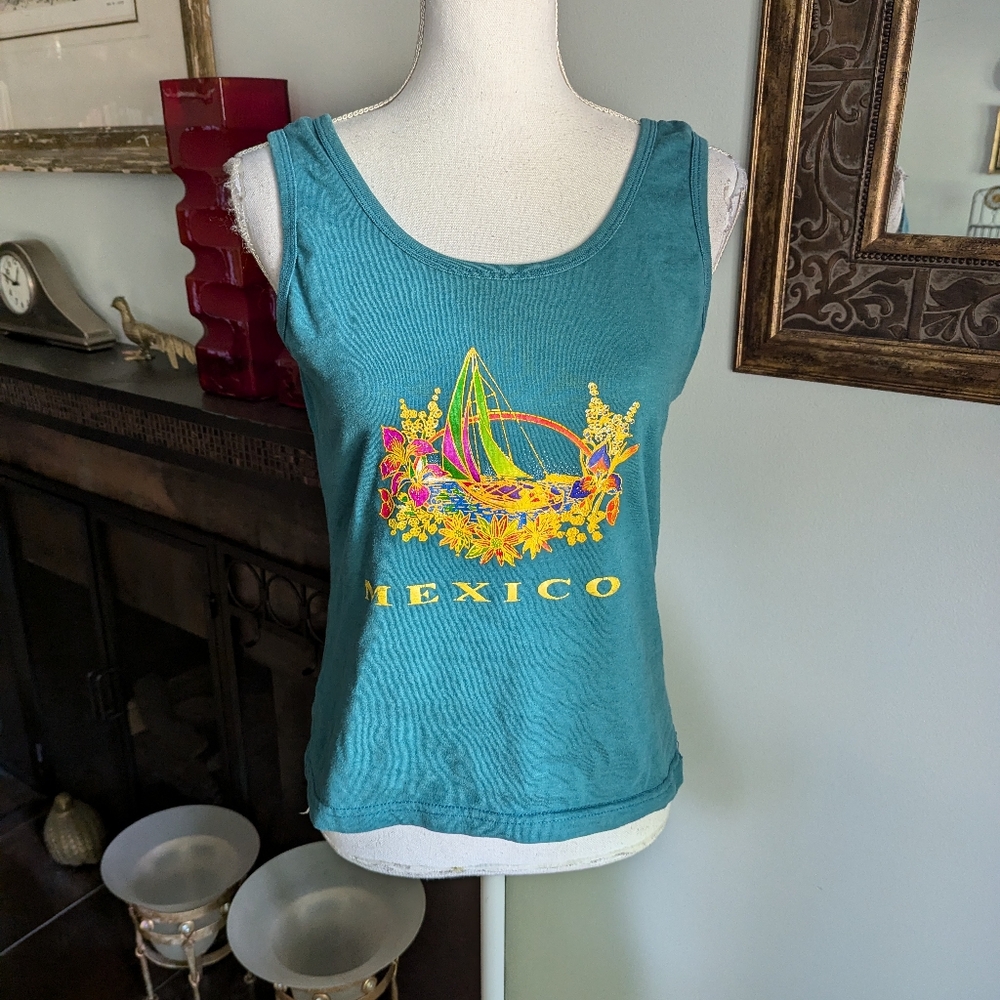 Vintage 90s Mexico Vacation Worn-in Novelty Tank Top Shirt Women's S/M Green 186